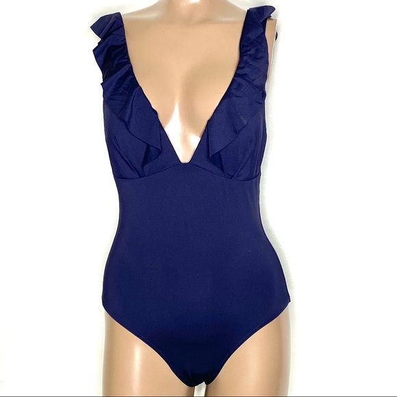 Sea Level Frill Ruffle Flounce Plunge One Piece Adj Strap Swimsuit - Picture 3 of 4